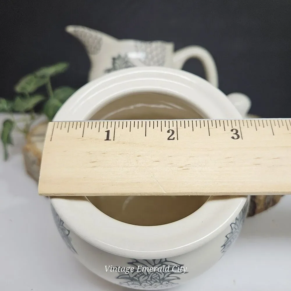 Vtg Signature Housewares Black Pineapples & White Lidded Sugar Bowl Dish Set / 2